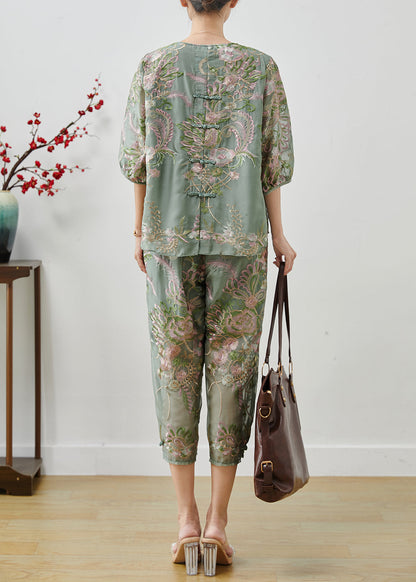 Green Embroidered Chinese Button Silk Two Pieces Set Summer