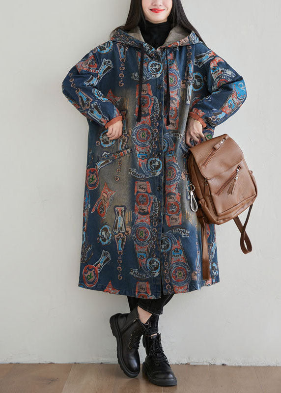 Navy Hooded Patchwork Print Denim Cardigan Spring