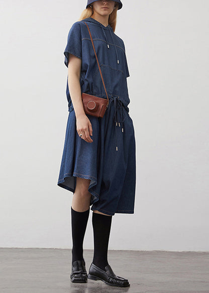 Boutique Navy Hooded Drawstring Patchwork Denim Two Pieces Set Summer