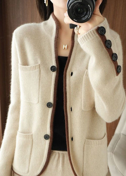 Beige Stand Collar Pockets Thick Knit Loose Cardigan Winter