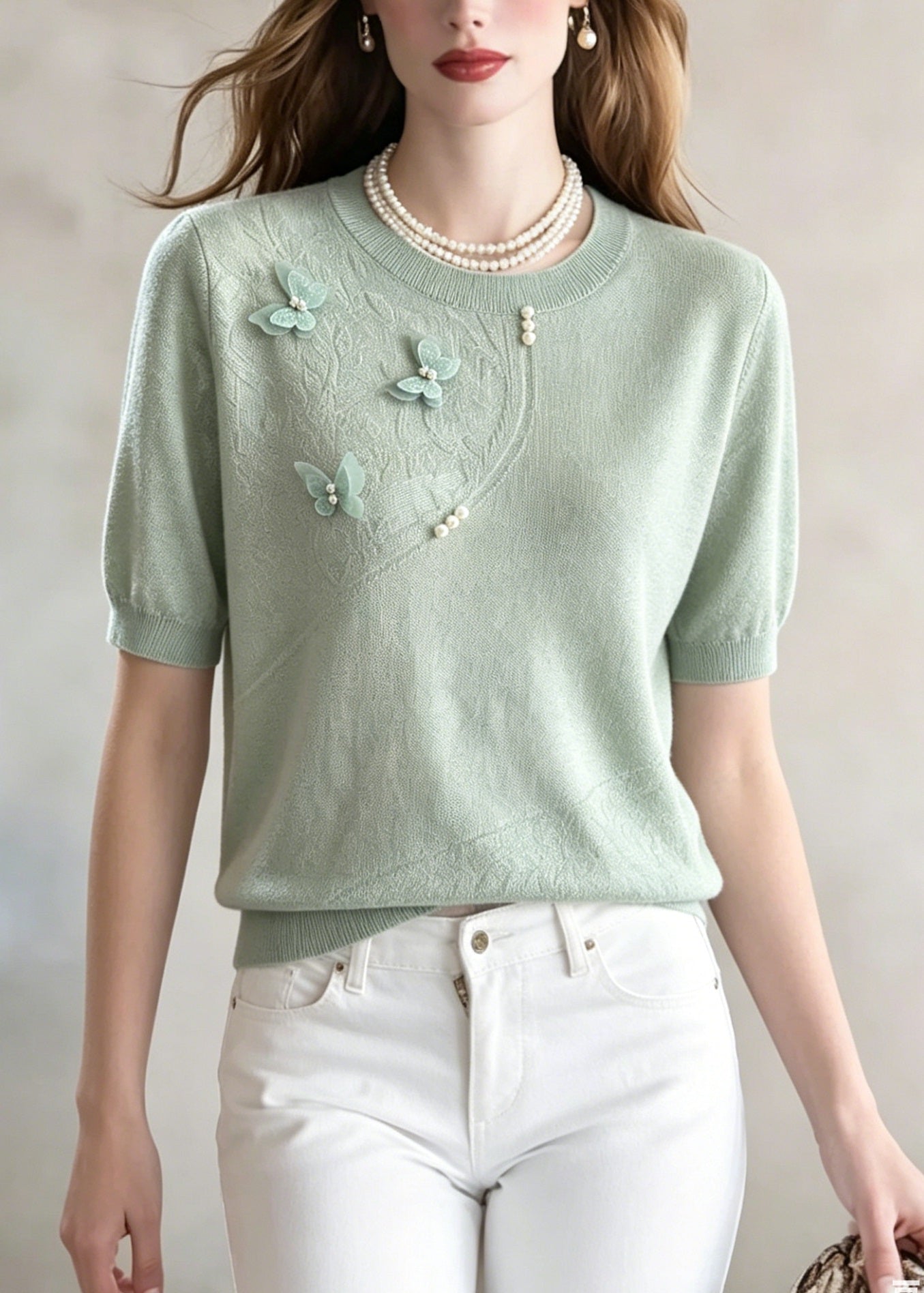 Green Jacquard Butterfly Nail Bead Thin Knit Tops Summer