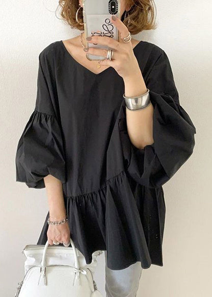 Black V Neck Wrinkled Shirts Lantern Sleeve