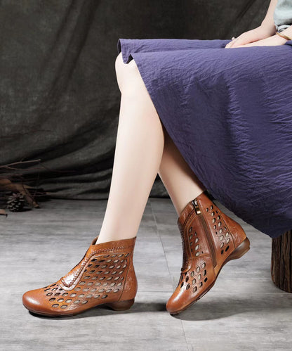 Hollow Out Splicing Wedge Boots Brown Cowhide Leather