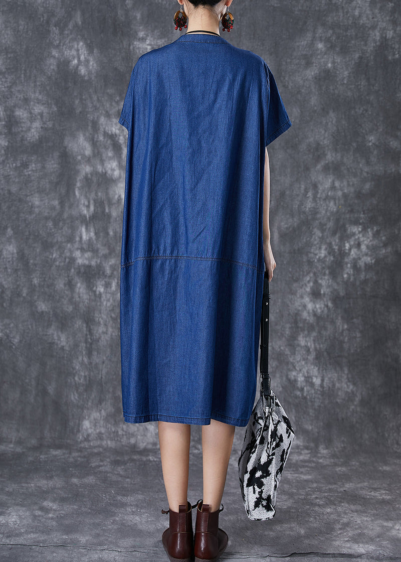 Navy Oversized Patchwork Pockets Denim Maxi Dresses Summer