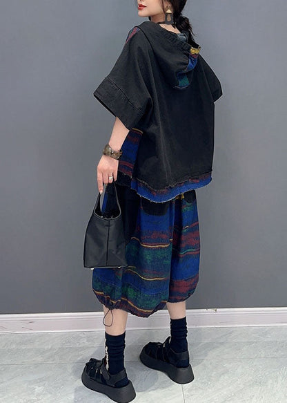 Retro V Neck Patchwork Hooded Top and Half Pants Two Pieces Set Short Sleeve