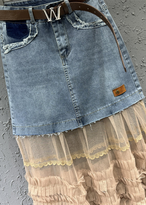 Colorblock Tulle Ruffled Pockets Patchwork Denim Skirt Fall