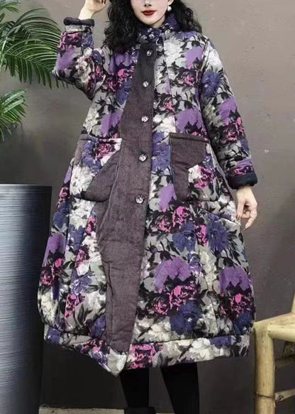 Purple Stand Collar Pockets Print Patchwork Warm Fleece Coat Winter