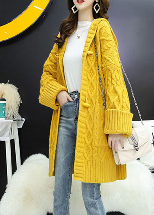 Yellow Hooded Pockets Loose Fall Knit Sweater Coat