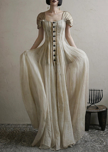 Square Collar Button Long Dress Summer