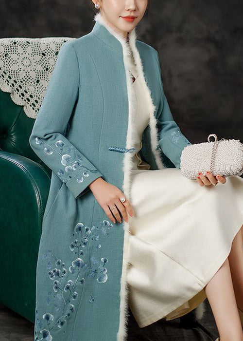 Blue Fur Collar Button Patchwork Cotton Long Coats Winter