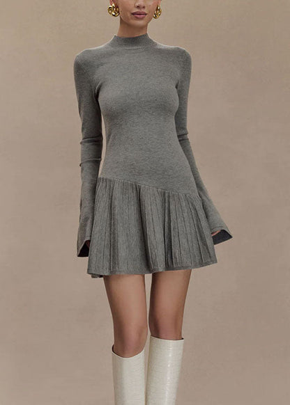 Grey Wrinkled Patchwork Knit Sweater Dress Winter