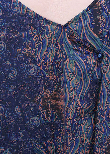Blue O-neck Print Big Pocket Silk Ankle Dress Long Sleeve