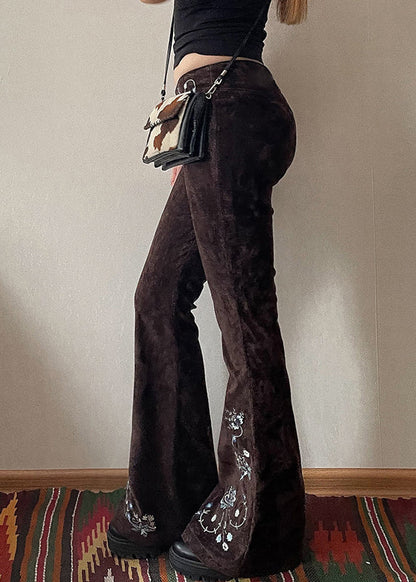 Slim Fit Chocolate Embroidered Denim Flared Trousers