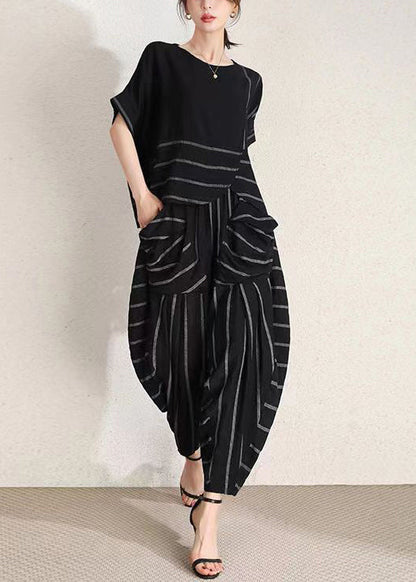 Black O-neck Wrinkled Striped Cotton Two-piece Set Summer