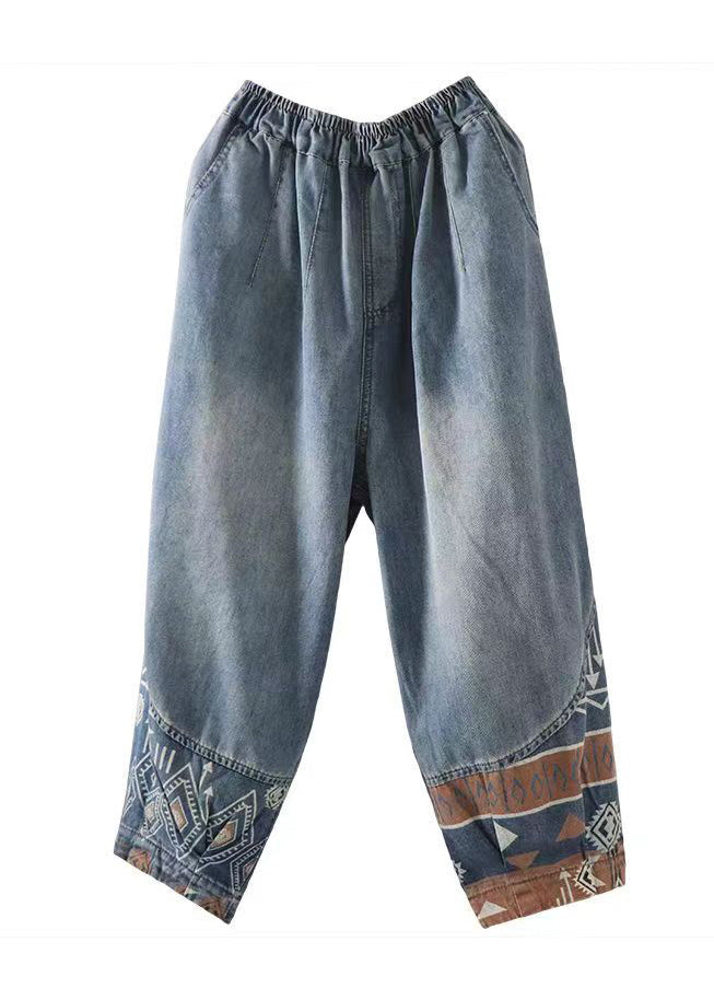 Blue Pockets Elastic Waist Patchwork Denim Crop Pants Summer
