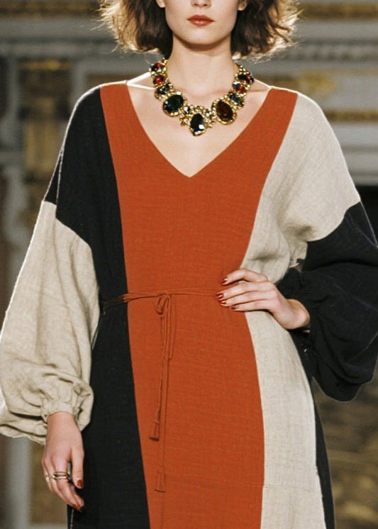 Colorblock Tie Waist Asymmetrical Design Cotton Dresses Spring