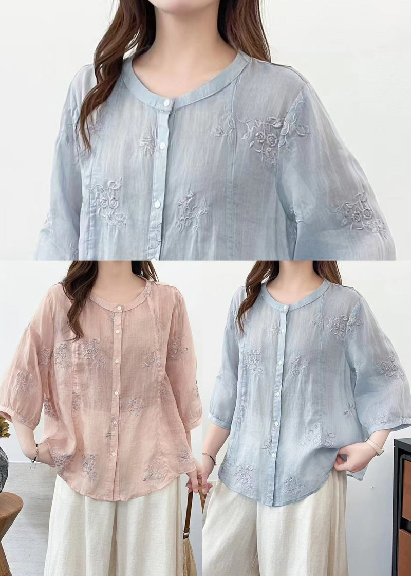 Pink Embroidered Linen Loose Shirt Half Sleeve