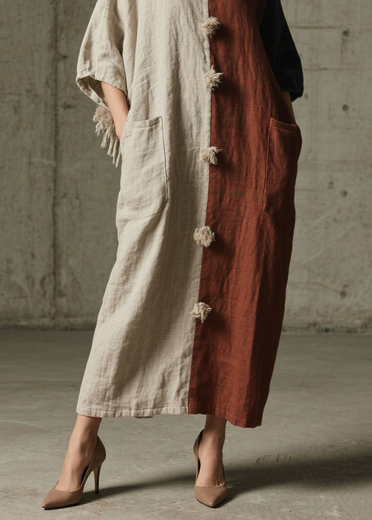 Colorblock Pockets Patchwork Cotton Ankle Dress Fall