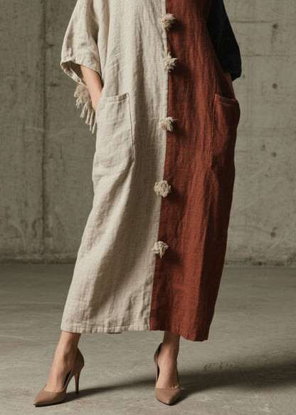Colorblock Pockets Patchwork Cotton Ankle Dress Fall