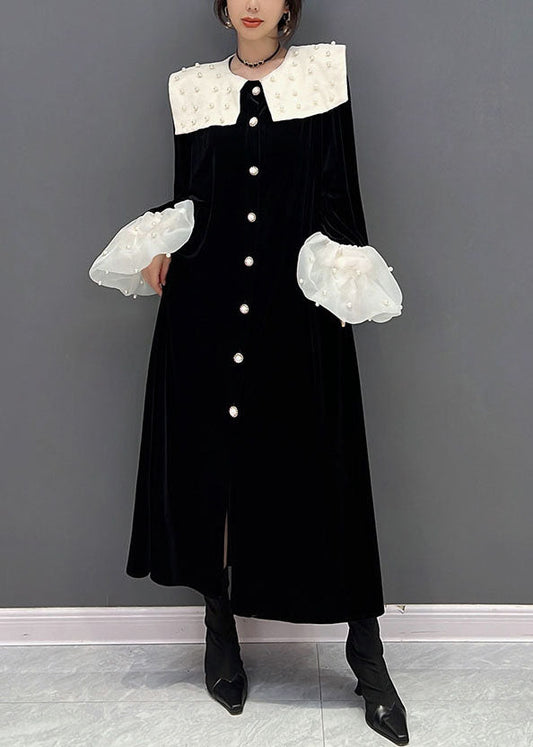 Black Peter Pan Collar Patchwork Nail Bead Silk Velour Dresses Spring