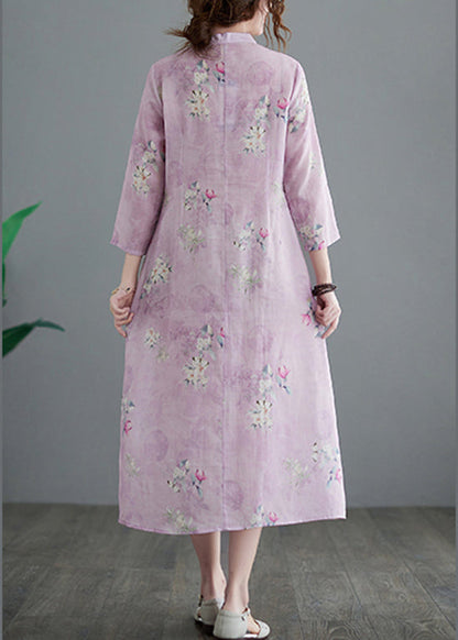 Stand Collar Button Print Linen Cheongsam Dress Three Quarter Sleeve