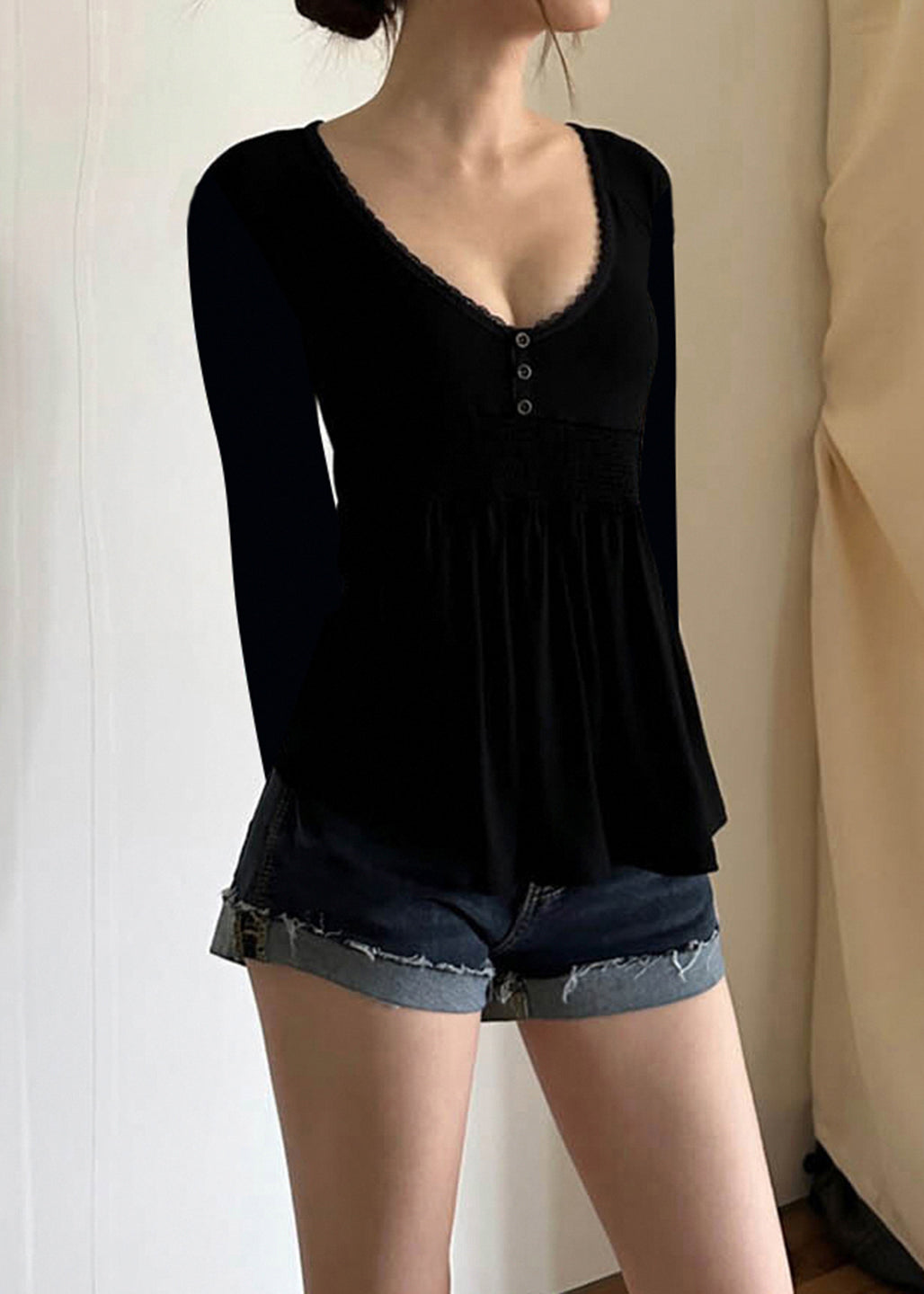 Loose Black V Neck Lace Cotton T Shirts Flare Sleeve