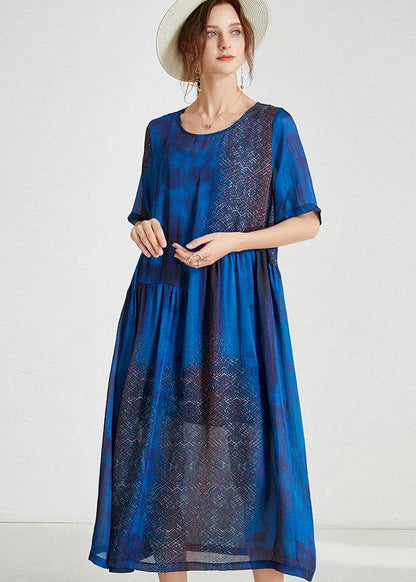 Blue O-neck Patchwork Summer Dresses Half Sleeve