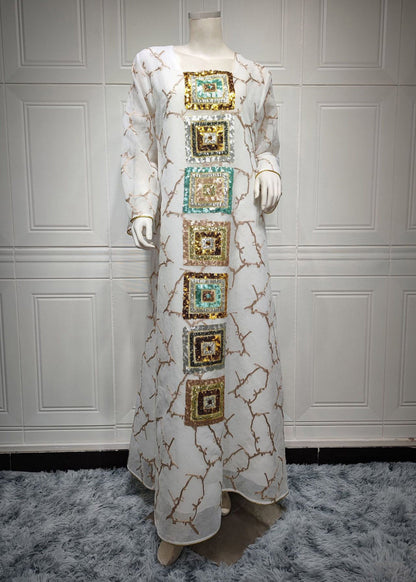 Brief White O-neck Embroideried Tulle Maxi Dress Long Sleeve