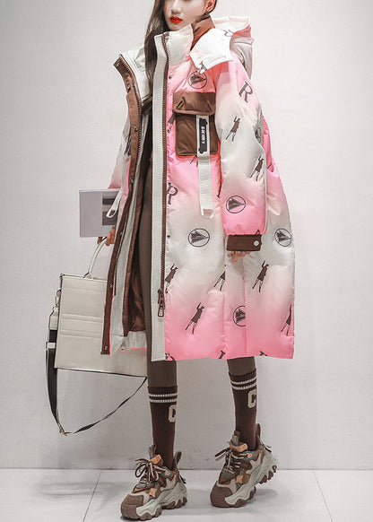 Pink Gradient Color Hooded Zippered Duck Down Long Coats Winter