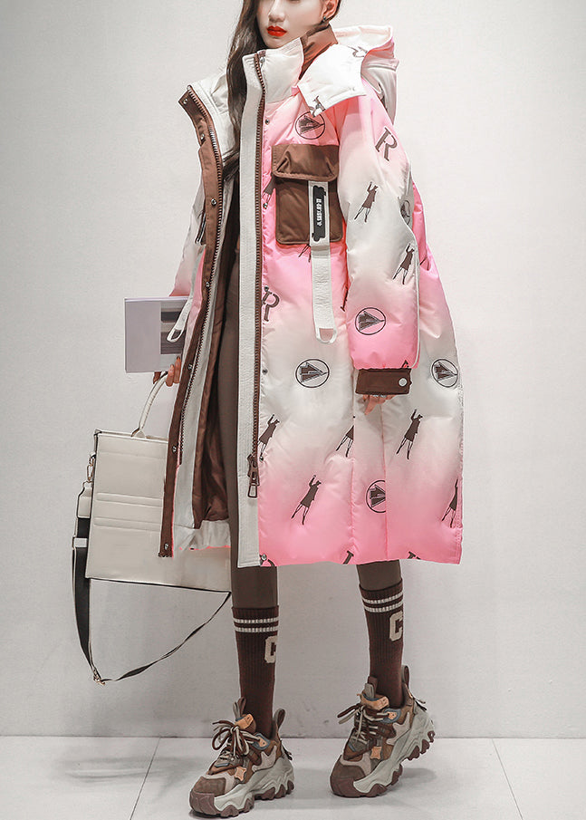 Pink Gradient Color Hooded Zippered Duck Down Long Coats Winter