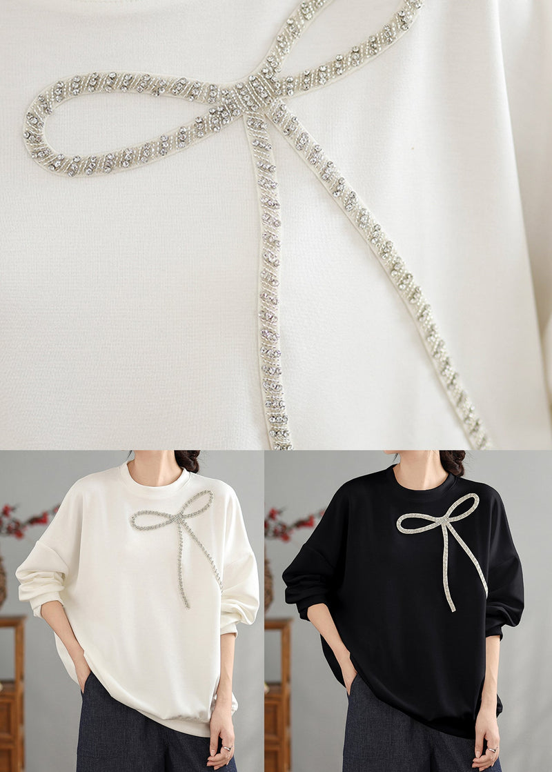 Black O Neck Bow Cotton Pullover Top Spring
