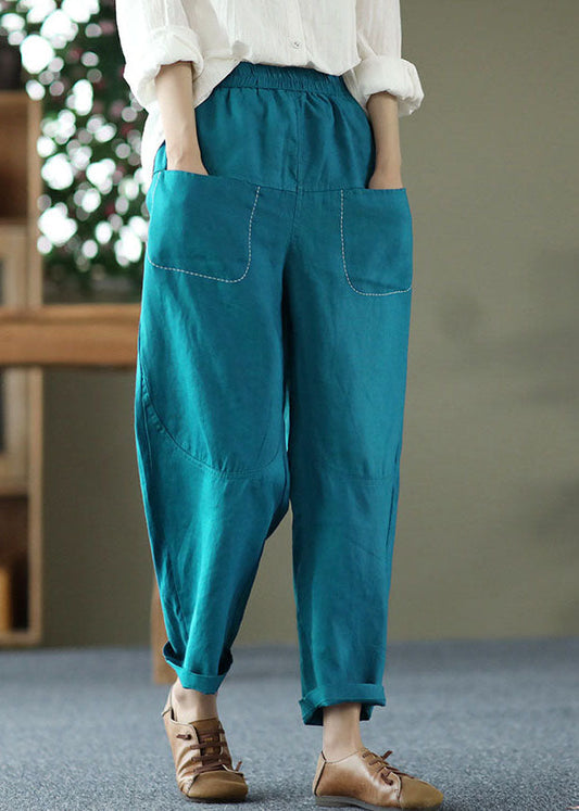 Peacock Blue Elastic Waist Patchwork Linen Harem Pants Summer