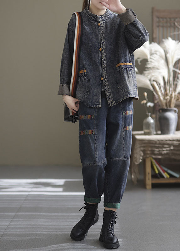 Italian Blue Stand Collar Button Denim Jackets Spring