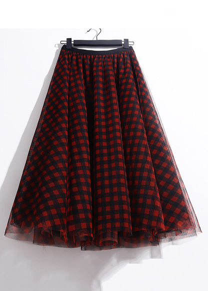 Red Print Tulle a Line Skirts Elastic Waist