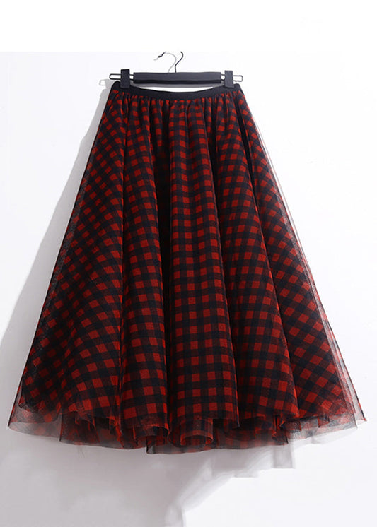 Red Print Tulle a Line Skirts Elastic Waist