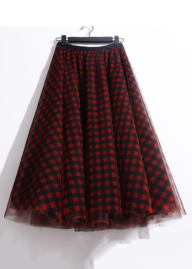 Red Print Tulle a Line Skirts Elastic Waist