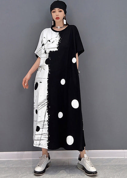 Black White Patchwork Dot Print Cotton Sweatshirt Long Dress Short Sleeve