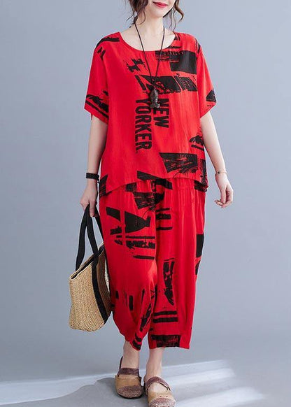 Unique Red Print O-neck Two Pieces Set Summer