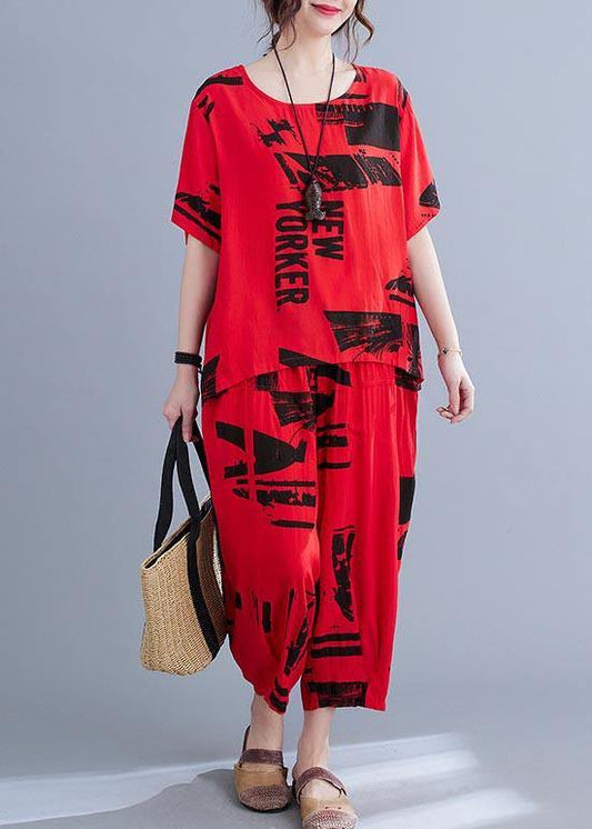 Unique Red Print O-neck Two Pieces Set Summer