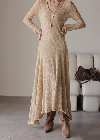 Handmade Khaki U Neck Maxi Dress Spring