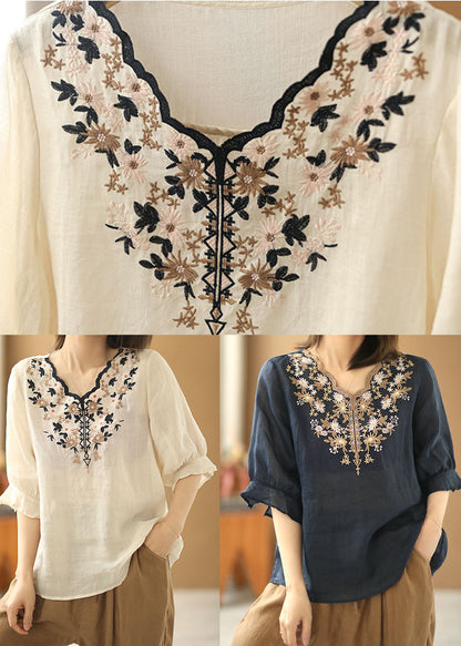 Apricot Embroideried Linen Shirt V Neck Half Sleeve