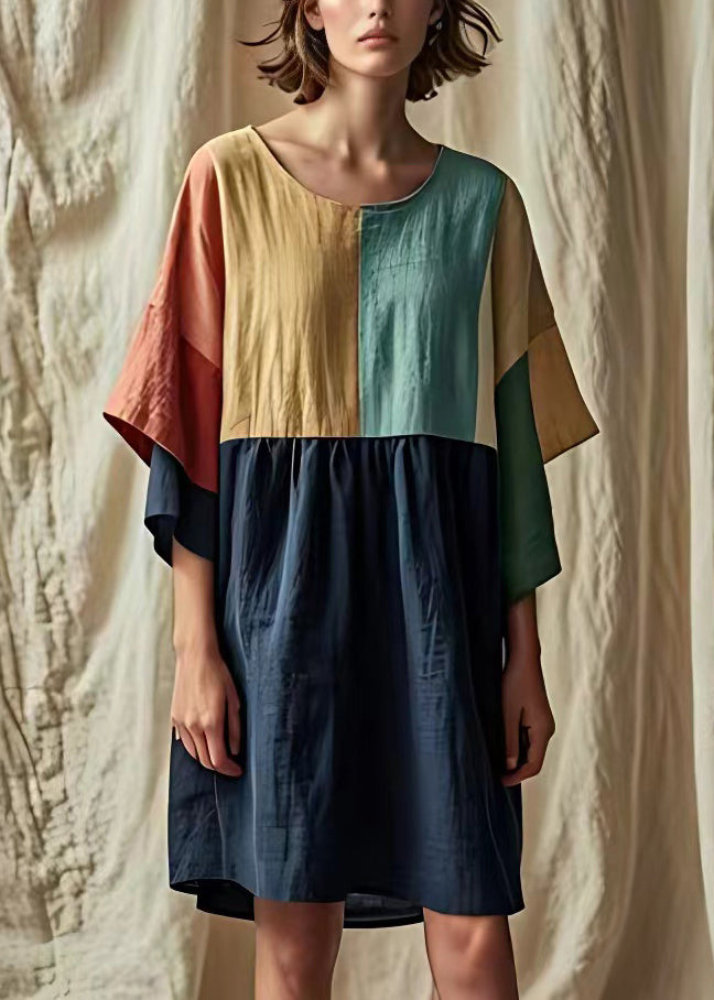 Navy O Neck Patchwork Linen Dress Half Sleeve