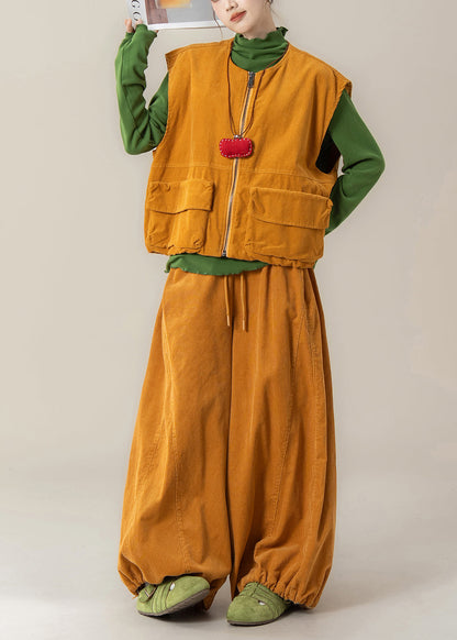 Yellow Zip Up Pockets Corduroy Sets 3 Pieces Winter