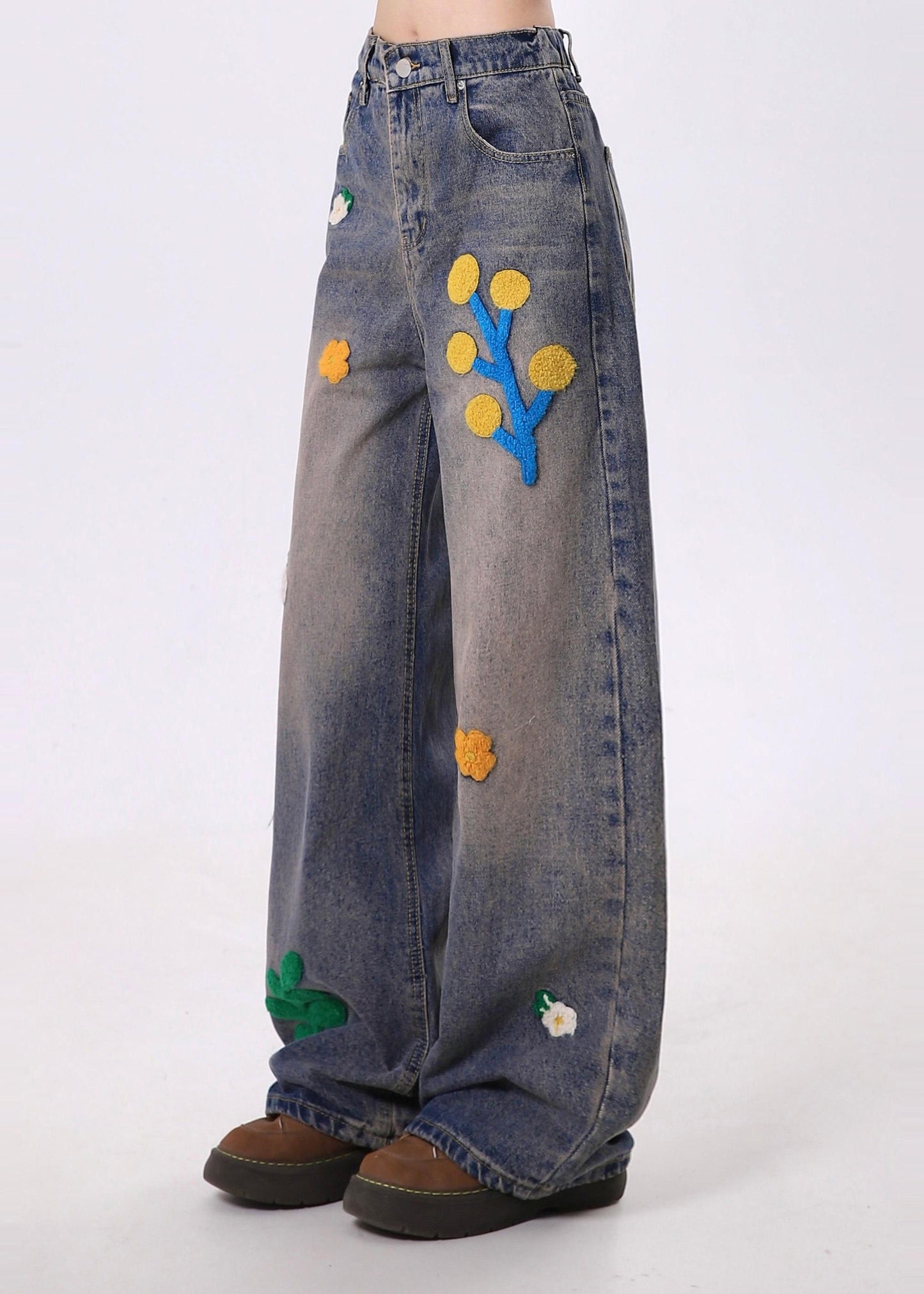 Blue Embroidered Denim Straight Pants Spring