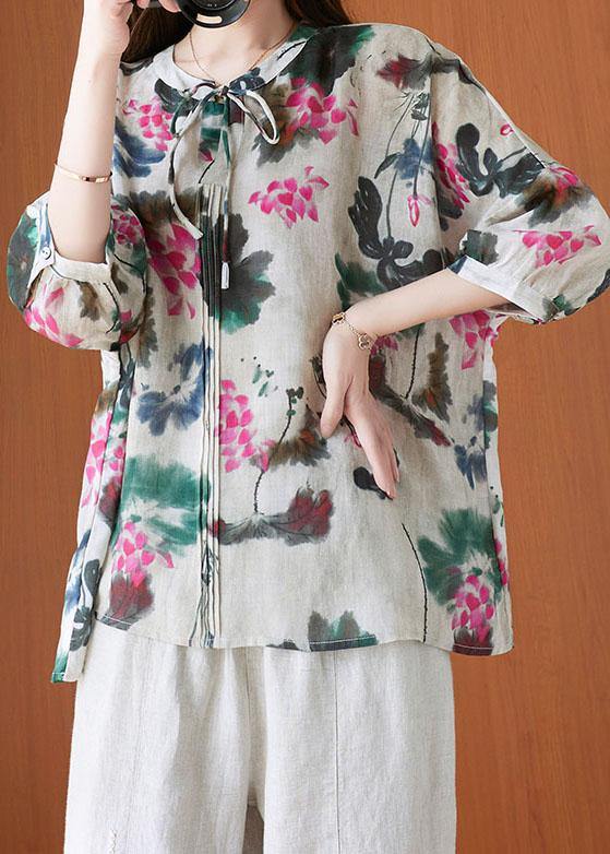 Stylish Beige Print Tie Shirts Summer Cotton