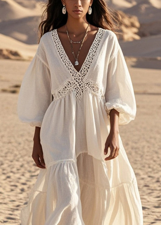 White V Neck Patchwork Hollow Out Cotton Dress Lantern Sleeve Summer