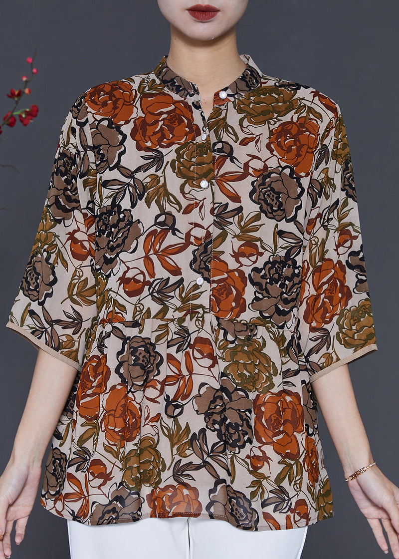 Apricot Stand Collar Print Chiffon Shirt Top Summer