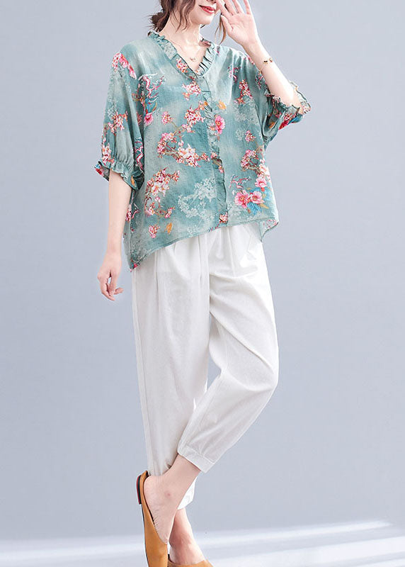 Blue V Neck Ruffled Print Cotton Tops and Harem Pants Two Pieces Set Summer