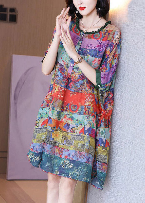Ruffled Print Button Side Open Linen Vacation Dresses Half Sleeve