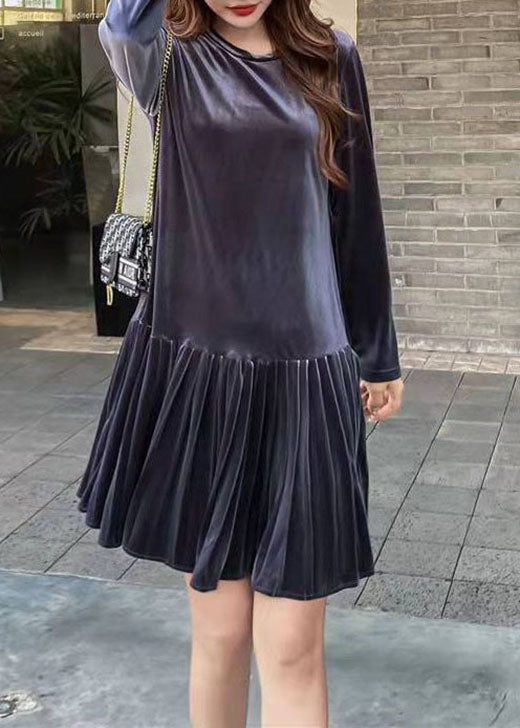 Blue Patchwork Velour Pleated Skirt Spring